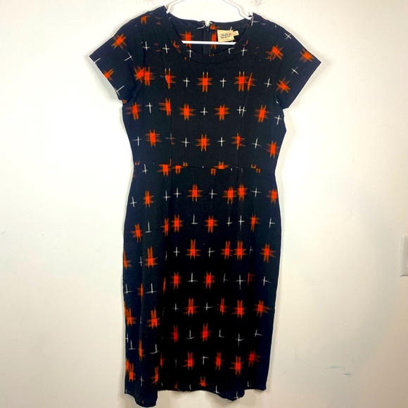 MATA TRADERS Black Cotton Dress with Red Starburst Pattern Sheath Dress - Picture 2 of 5